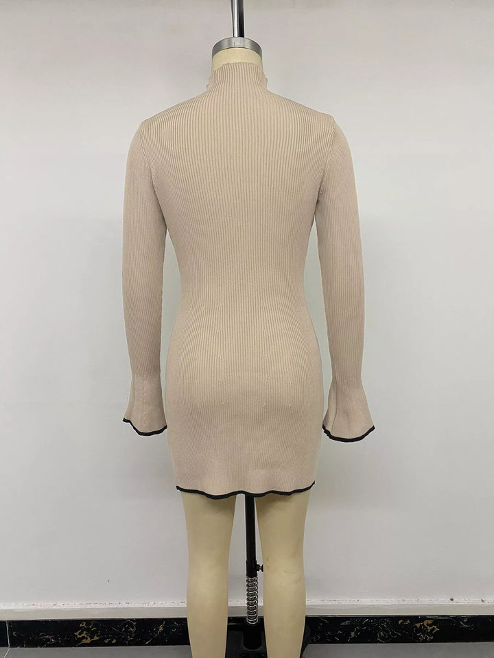Ribbed knit mock neck flare sleeve mini sweater dress