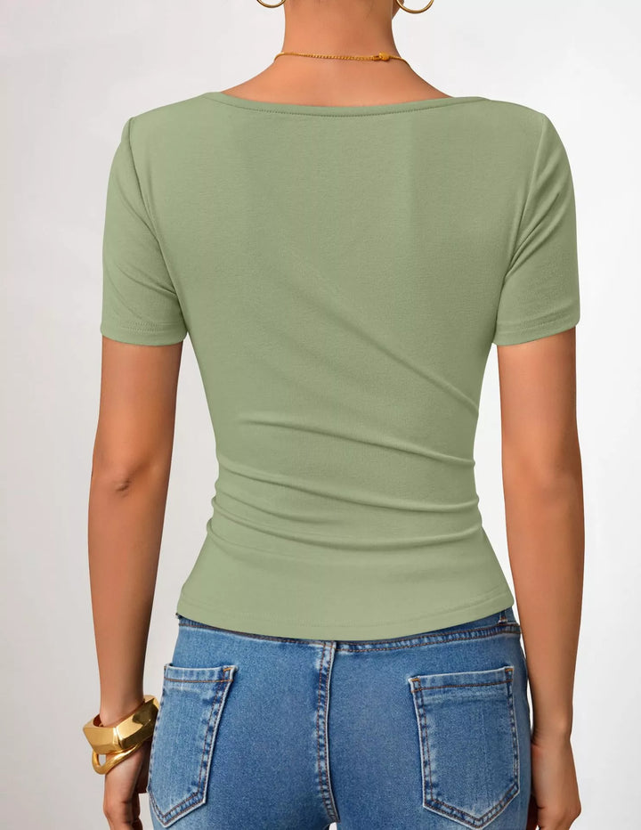 Asymmetrical neckline fitted tee with side ruching