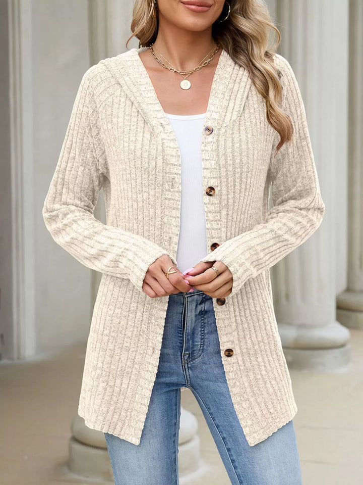 Ribbed knit hooded cardigan with tortoise buttons