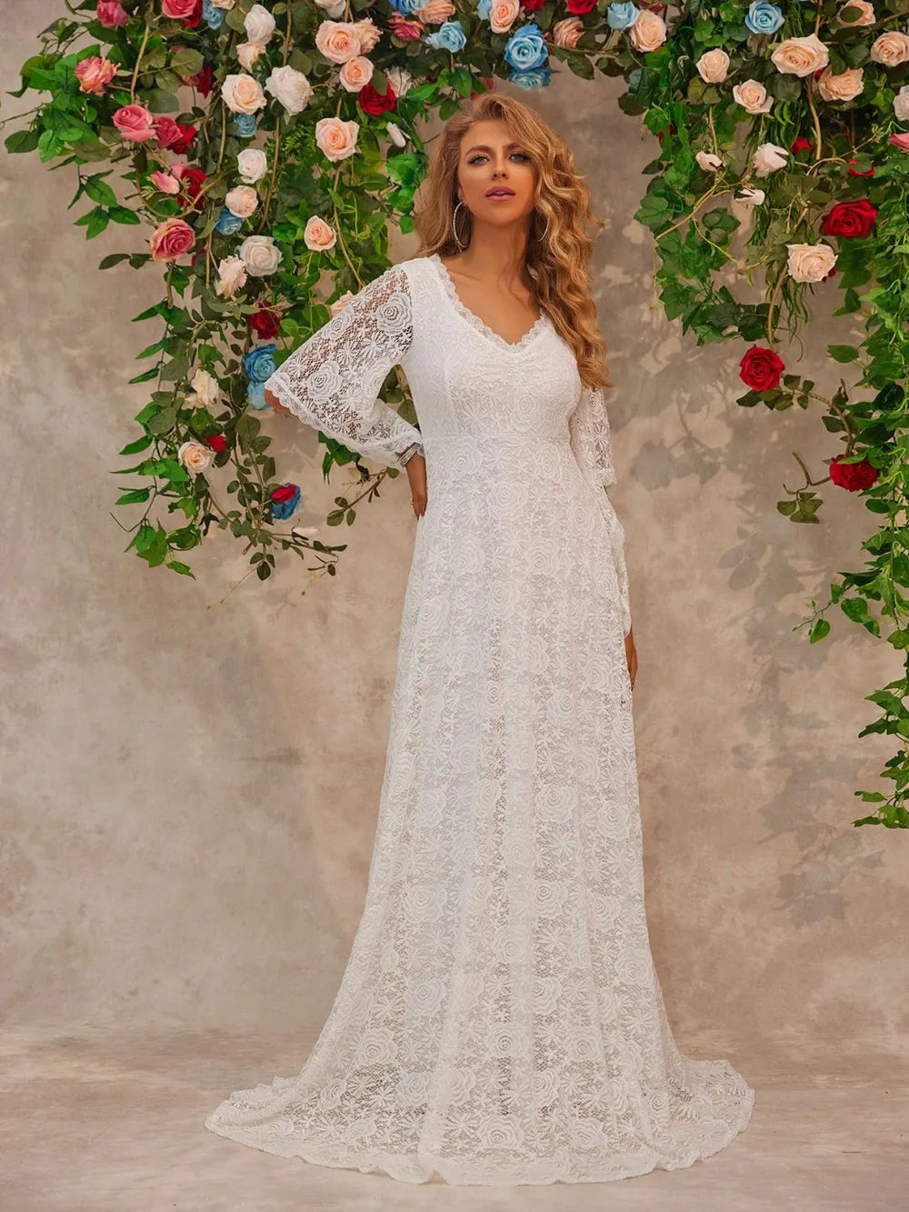 Lace V-neck bell sleeve floor-length maxi dress