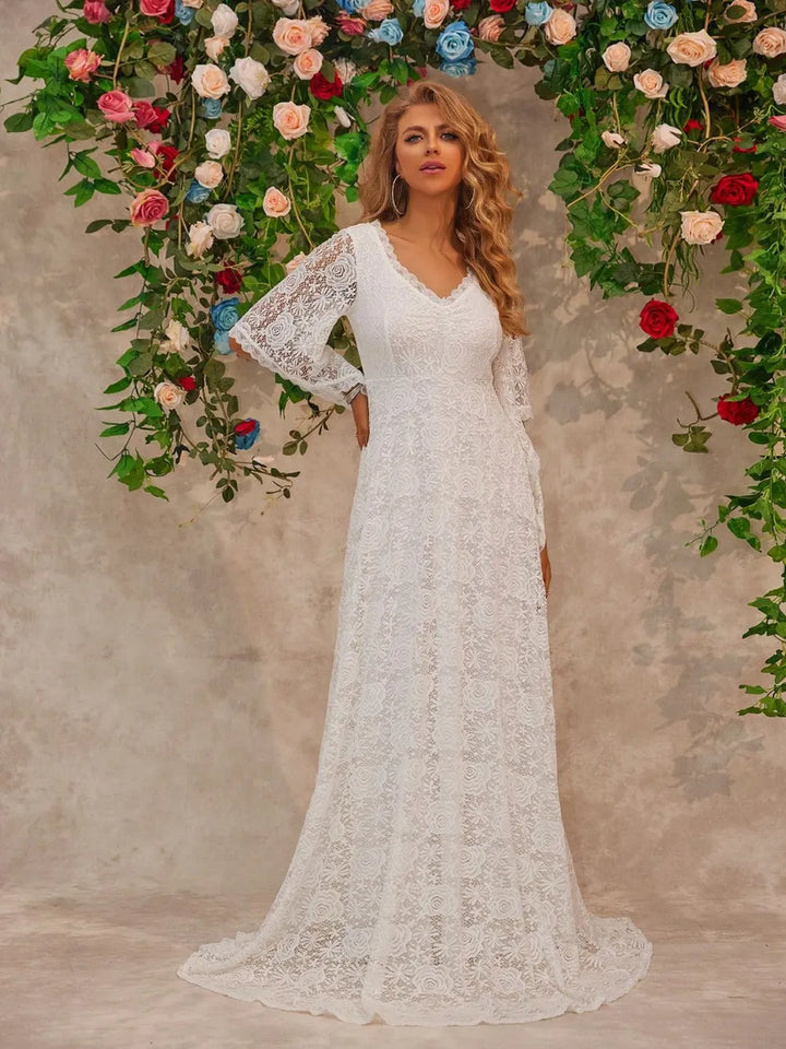 Lace V-neck bell sleeve floor-length maxi dress