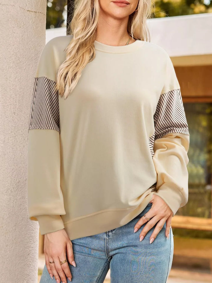 Color-block striped drop-shoulder crew neck sweatshirt