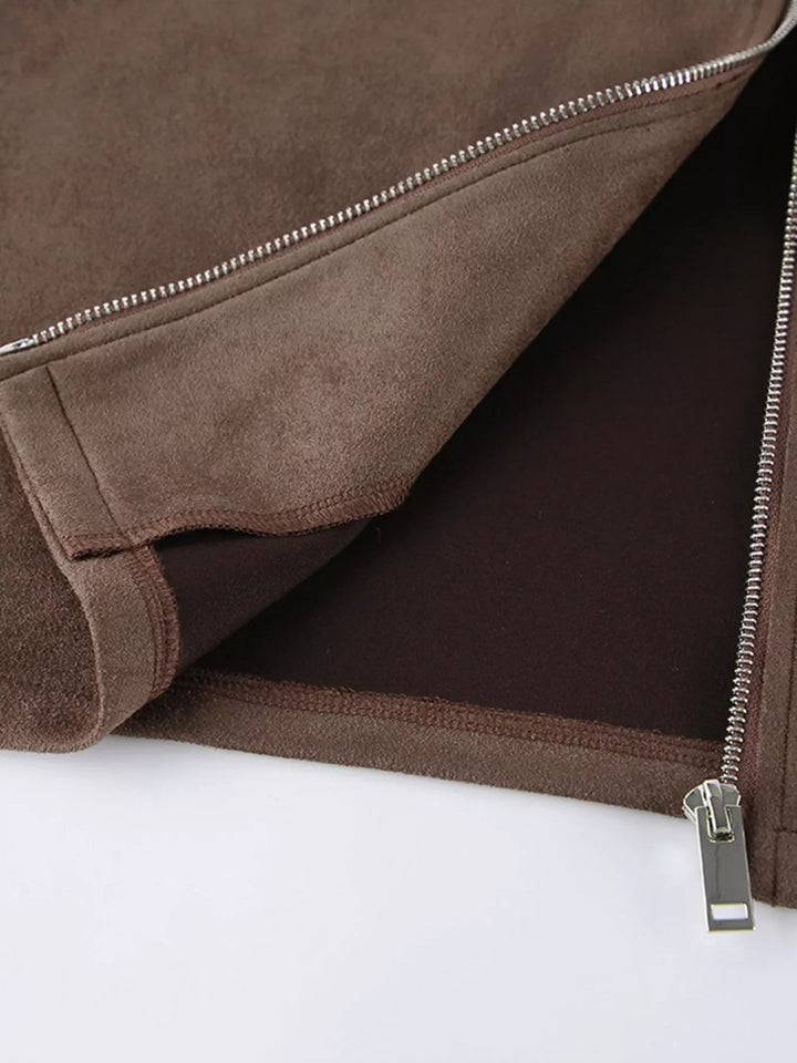 Cropped faux suede zip-up jacket with dropped shoulders
