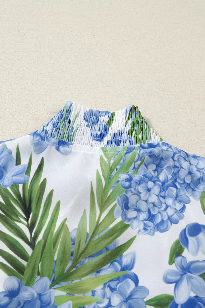 Tropical floral and stripe patchwork blouse with ruffle trim