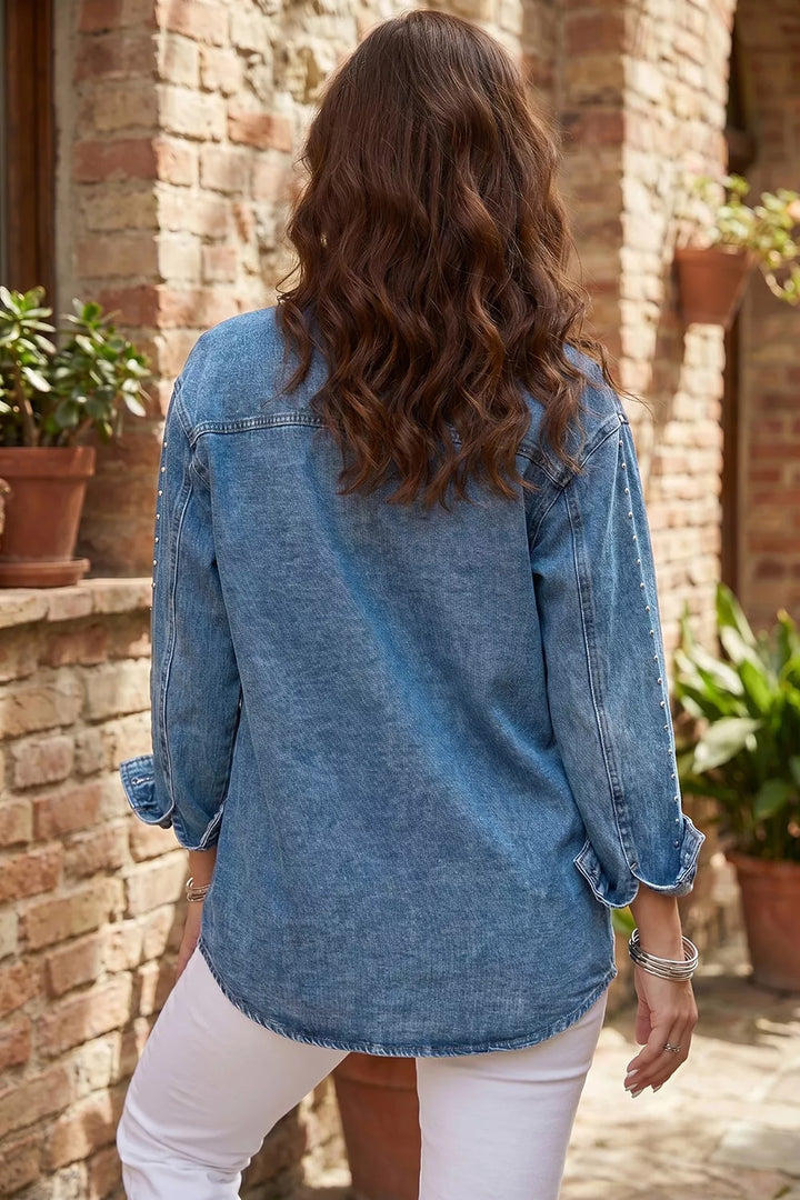 Studded western denim shirt jacket with flap chest pockets