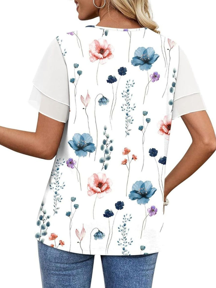 Layered leopard ruffle sleeve round neck top