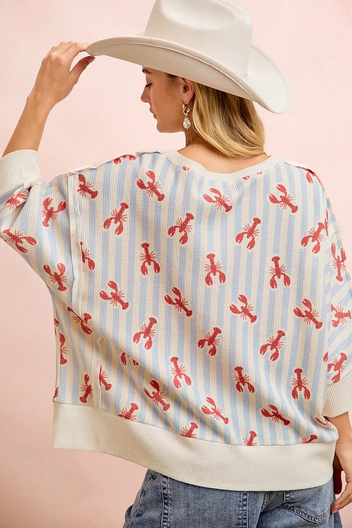 Striped lobster print waffle knit boat neck top