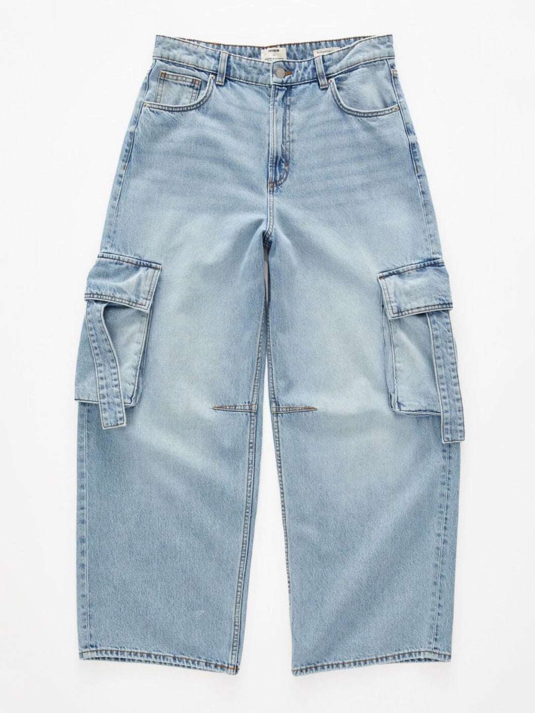 Vintage wash wide-leg cargo jeans with strap pockets