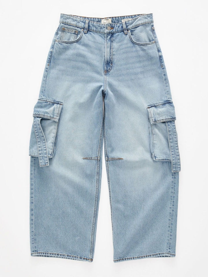 Vintage wash wide-leg cargo jeans with strap pockets
