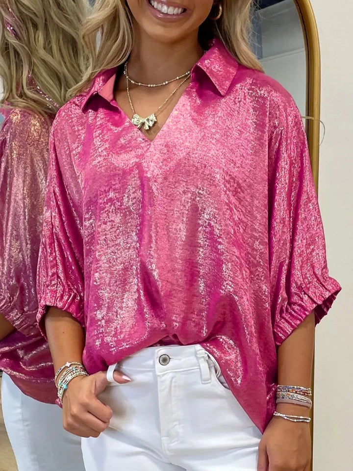 Metallic collared V-neck top with elastic cuff half sleeves