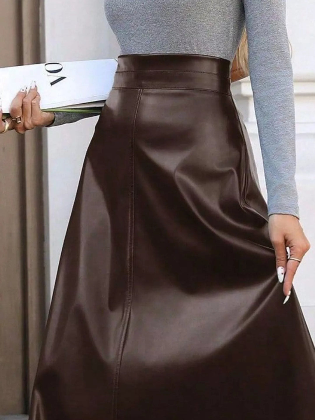 High-rise faux leather A-line midi skirt