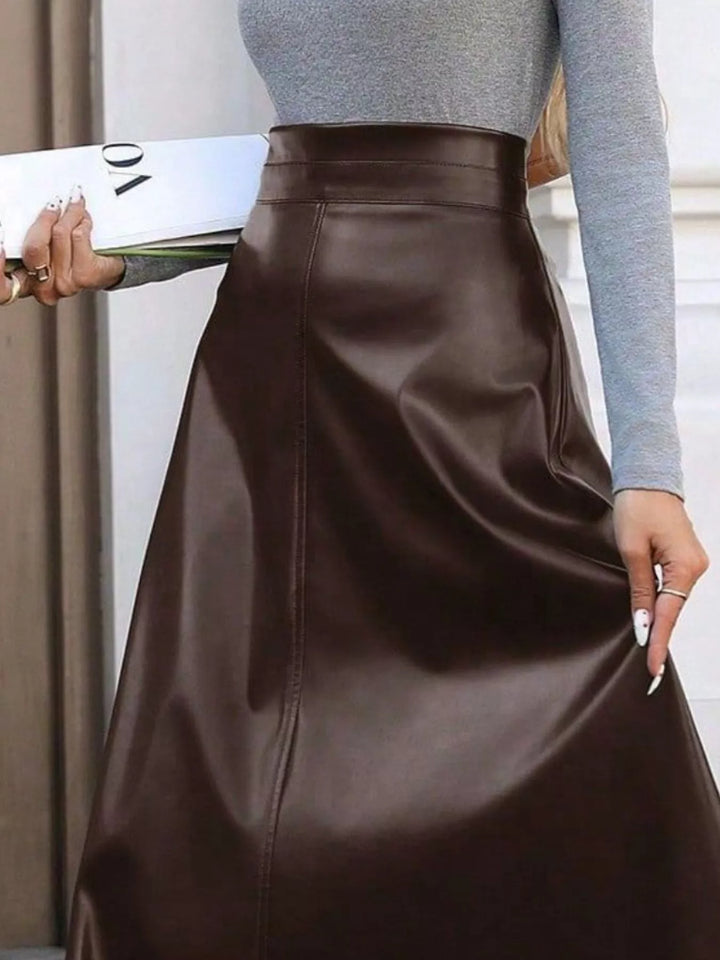 High-rise faux leather A-line midi skirt
