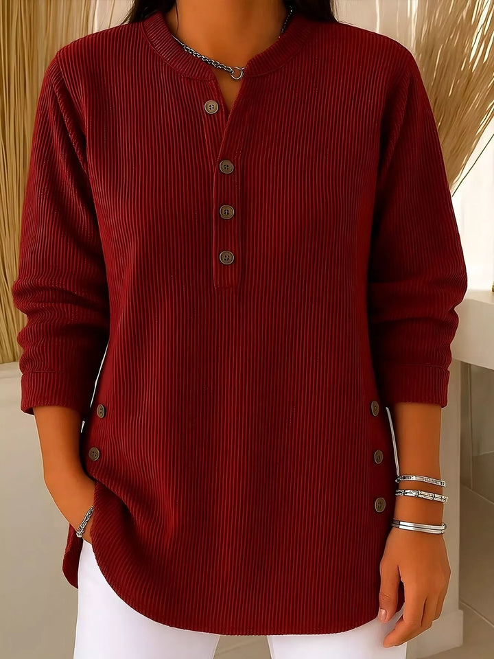 Wine Red Ribbed half-button henley top with side buttons