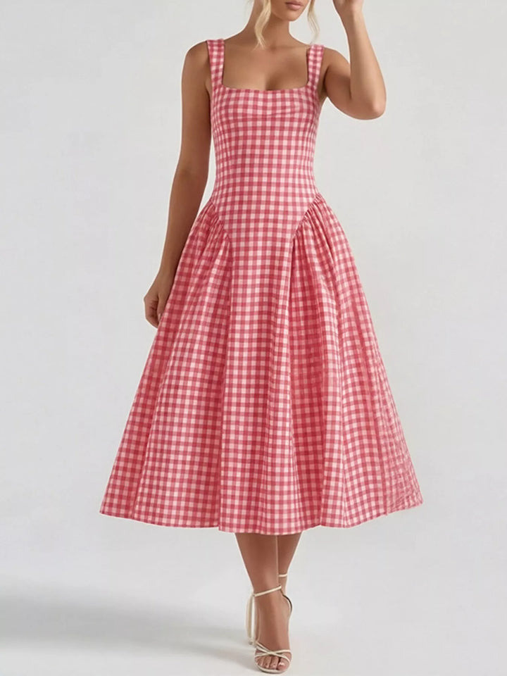 Deep Red Plaid square-neck sleeveless fit-and-flare midi dress