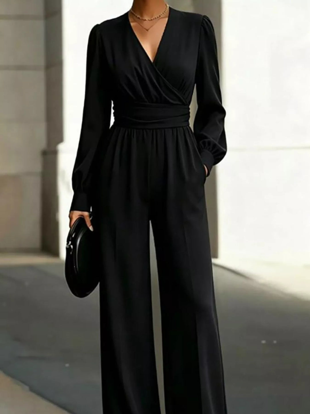 Surplice wrap long sleeve wide-leg jumpsuit with pockets