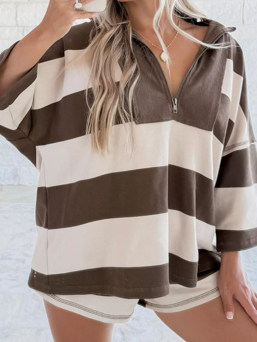 Chocolate Striped quarter-zip pullover with ribbed collar