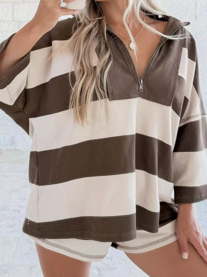 Chocolate Striped quarter-zip pullover with ribbed collar