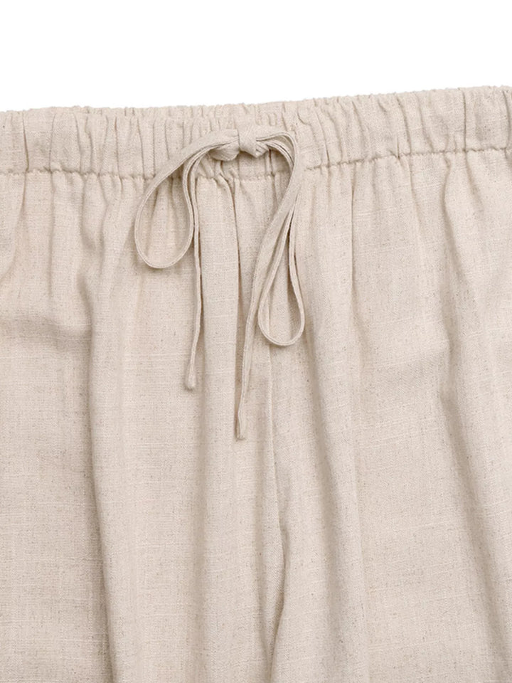 Linen-blend wide leg drawstring pants with shell trim