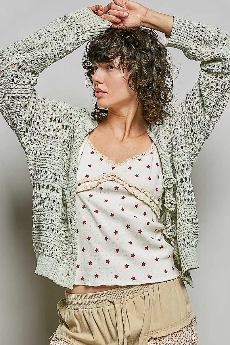 Open-knit V-neck cardigan with 3D floral buttons