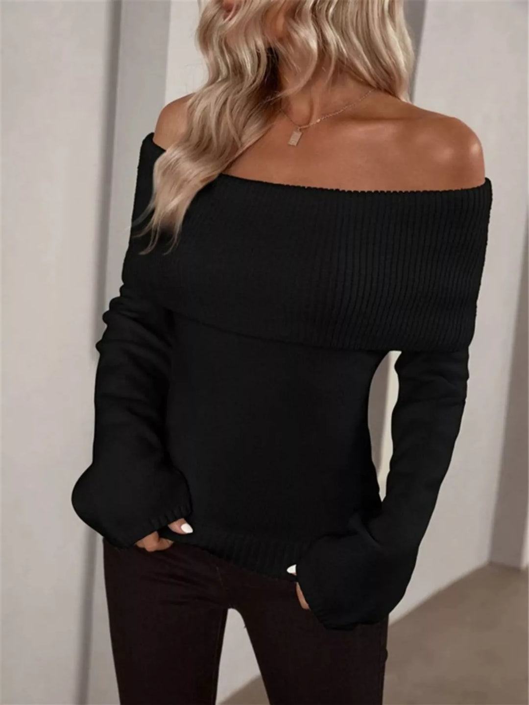 Black Off-shoulder foldover ribbed knit sweater