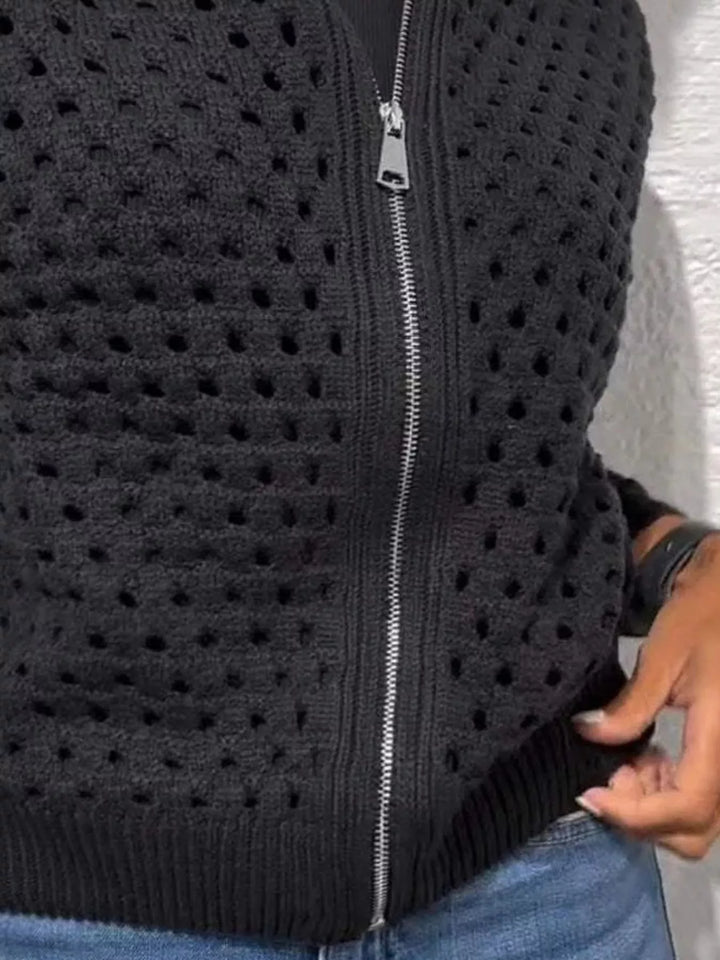 Open-knit zip-up bomber cardigan with ribbed trim