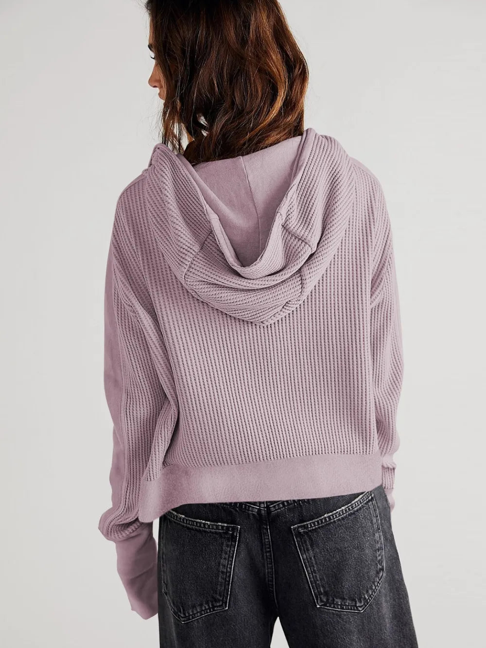 Waffle-knit zip-up hooded jacket with dropped shoulders