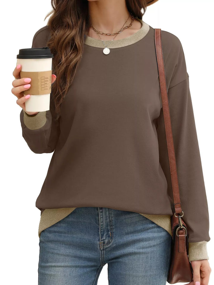 Drop-shoulder crew neck sweatshirt with contrast ribbed trim