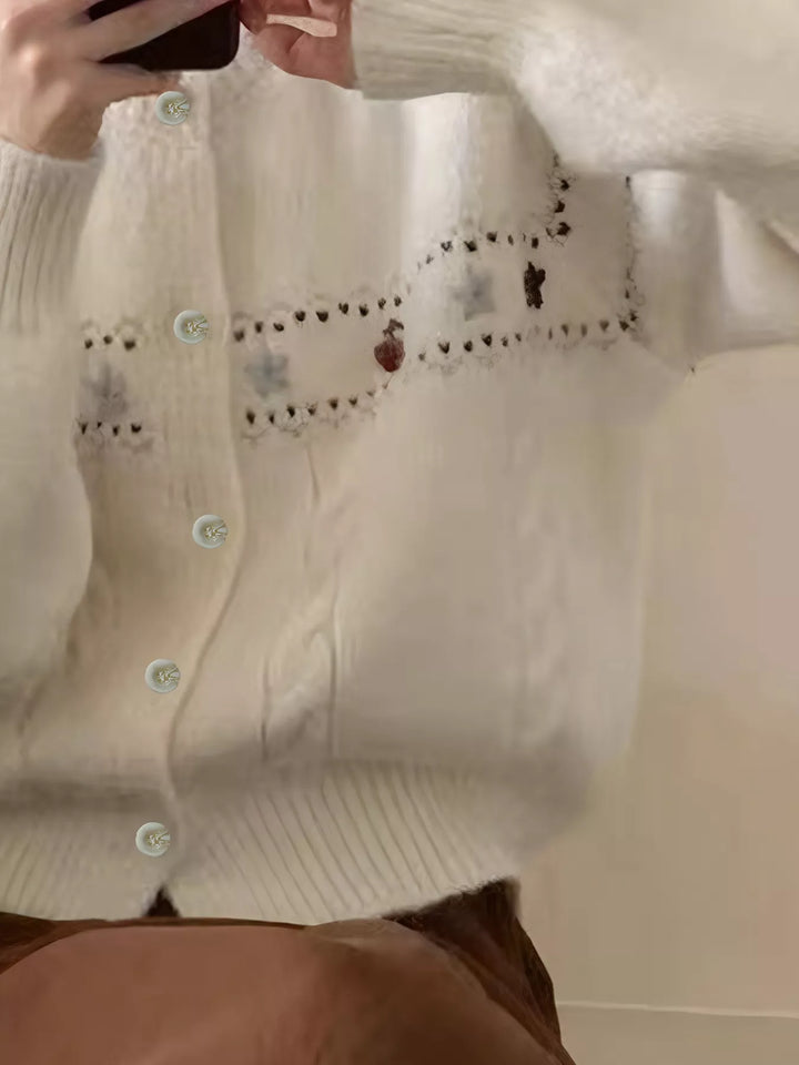 Floral embroidered cable-knit button-up cardigan