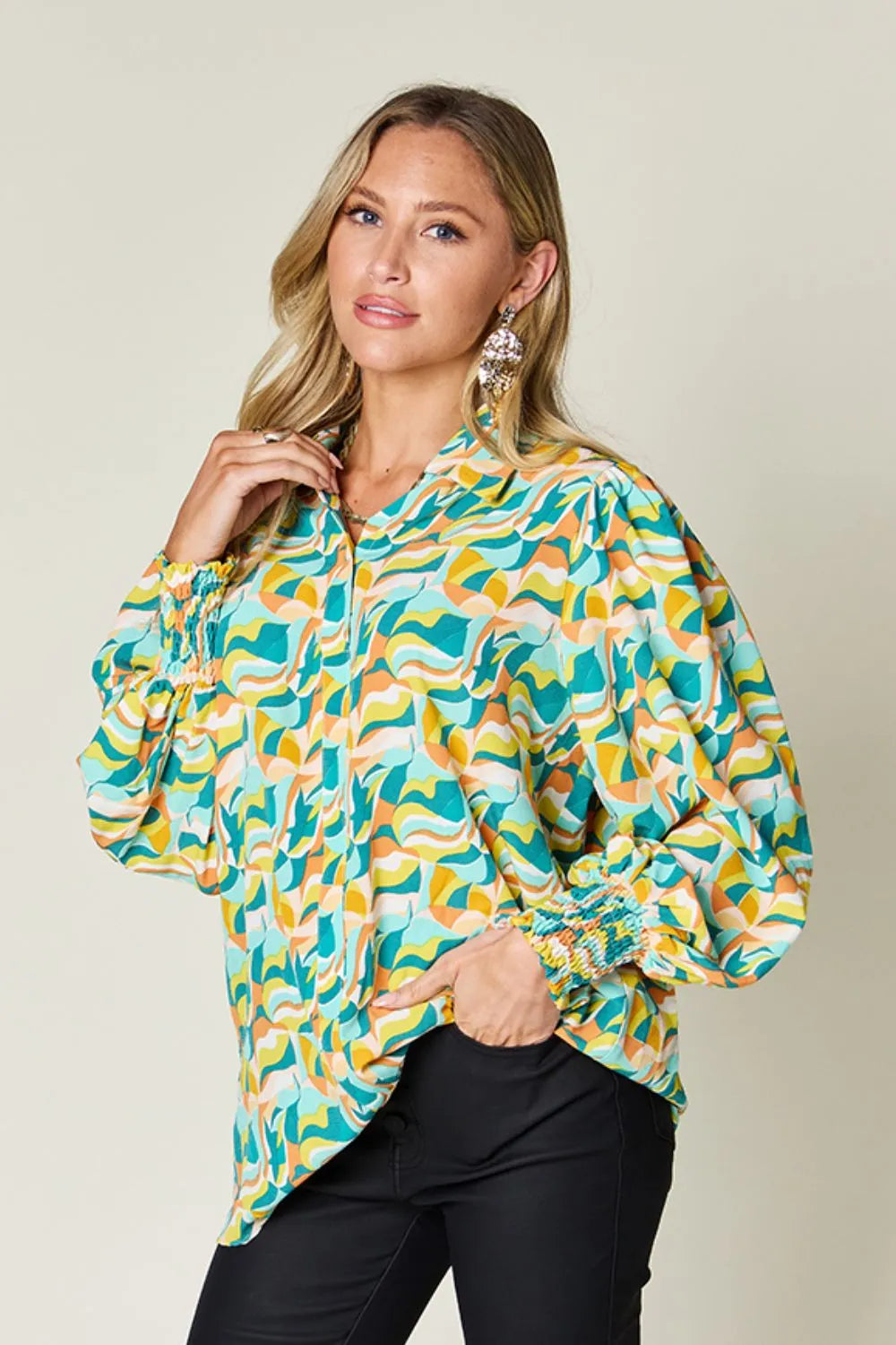 Turquoise Abstract print smocked balloon sleeve blouse