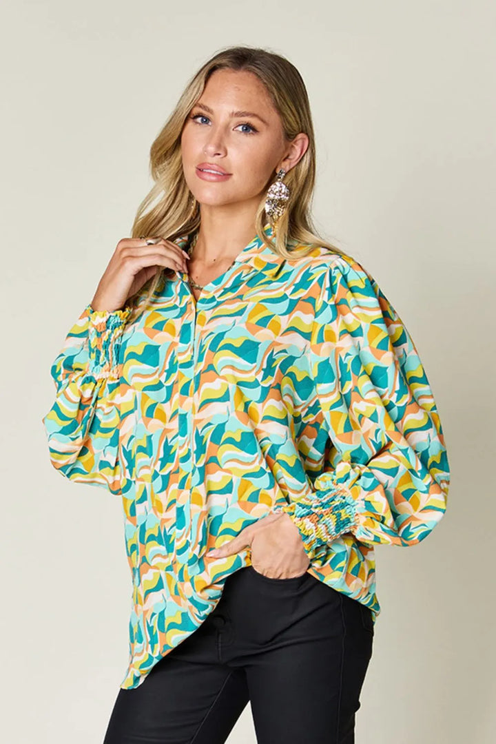 Turquoise Abstract print smocked balloon sleeve blouse