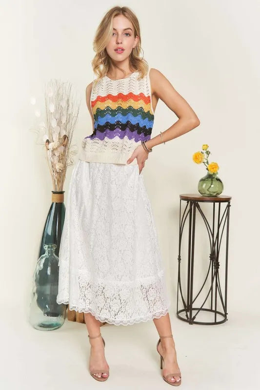 Floral lace A-line midi skirt with scalloped hem