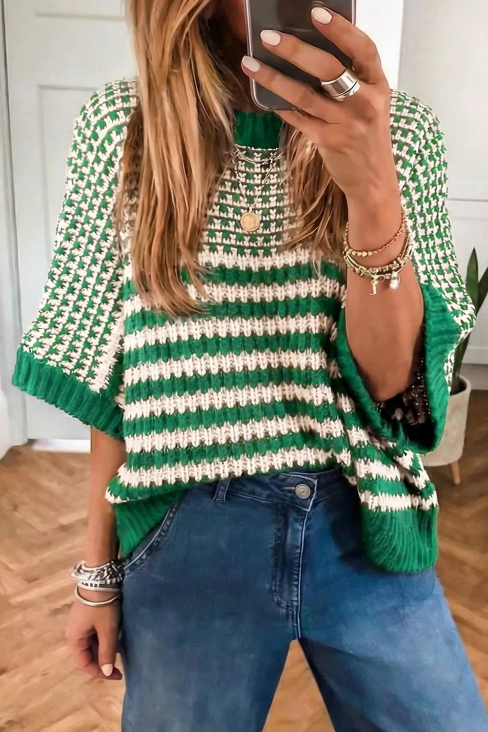 Moss Striped textured knit sweater with drop shoulder sleeves