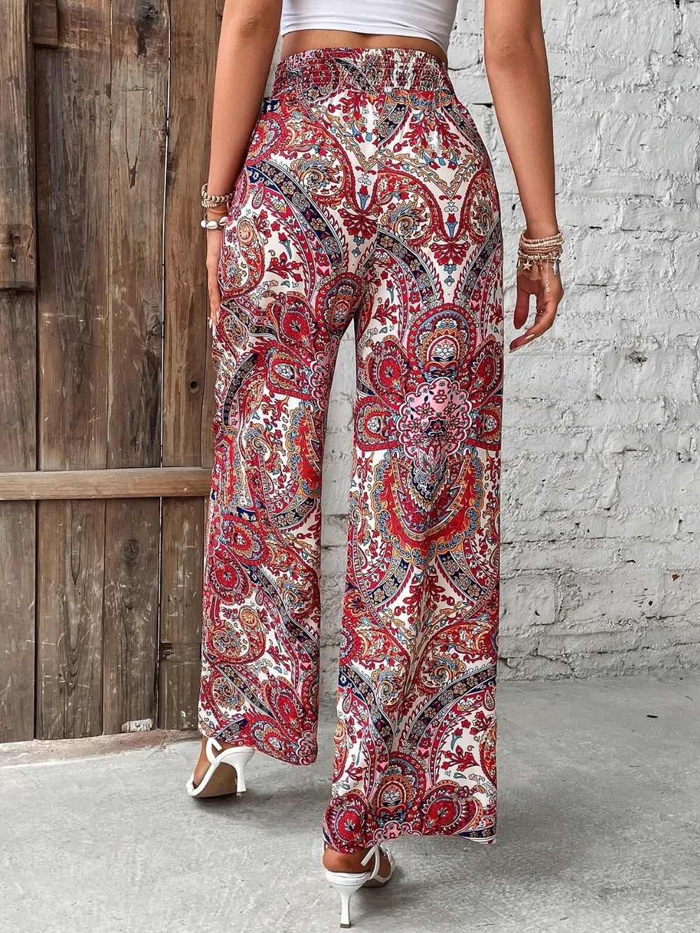Paisley print wide-leg pants with drawstring waist