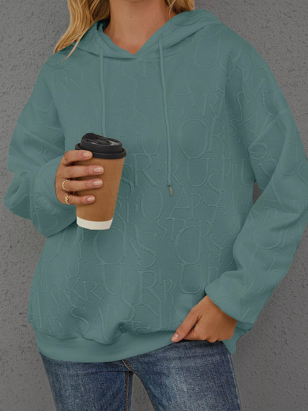 Embossed lettering drawstring pullover hoodie