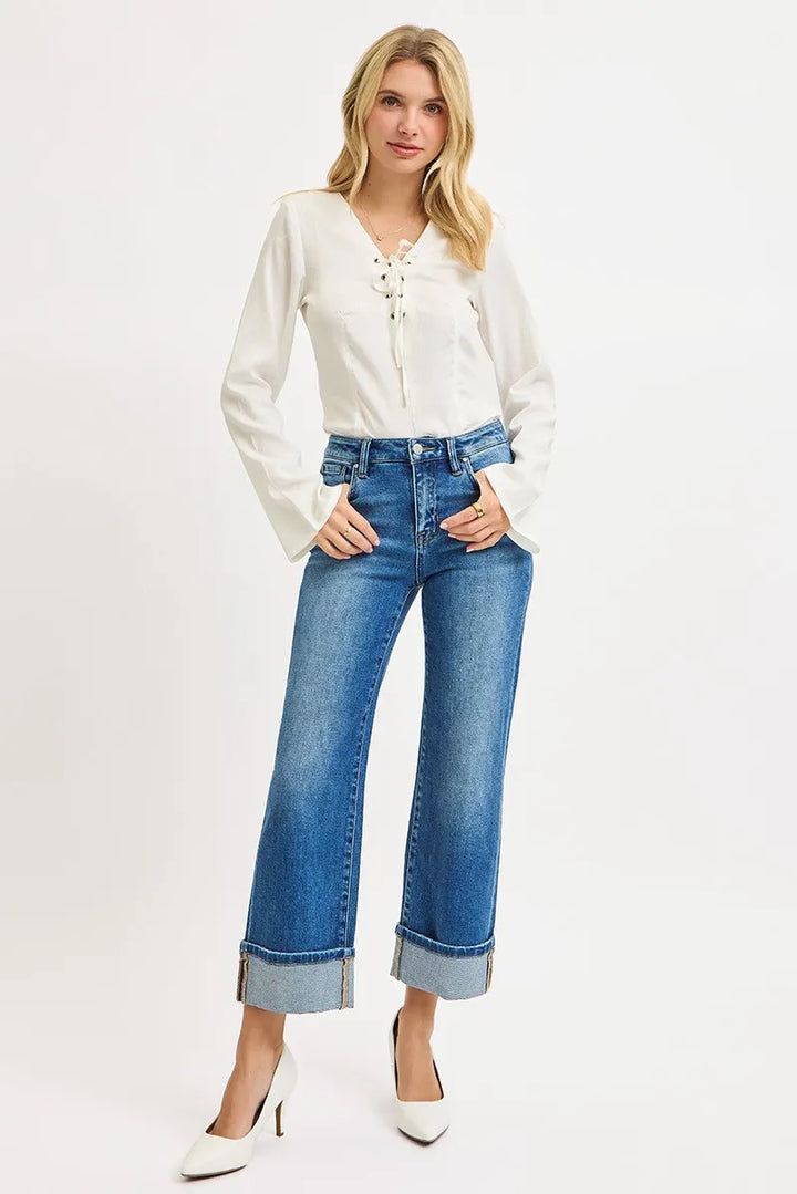 Mid rise straight crop jeans with wide cuffed hem