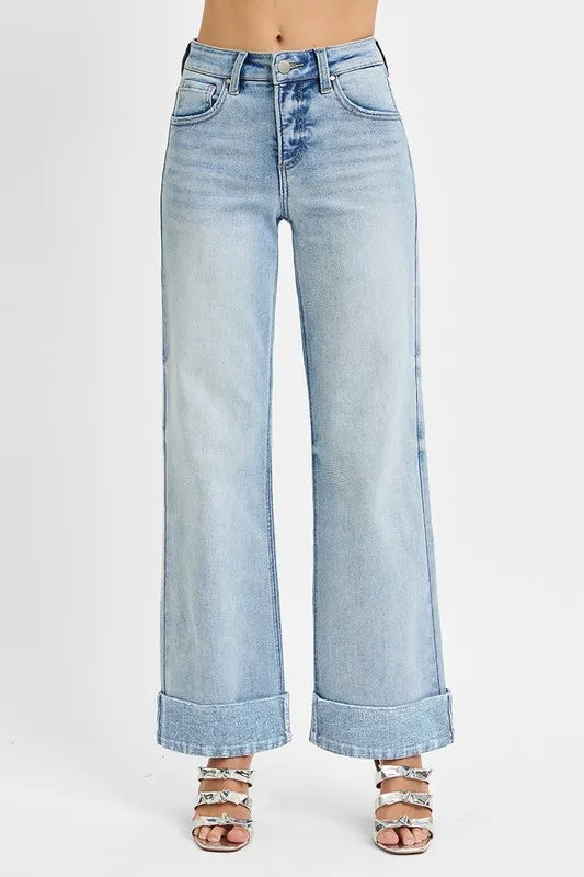 Light Tummy control high-rise wide-leg cuffed ankle jeans