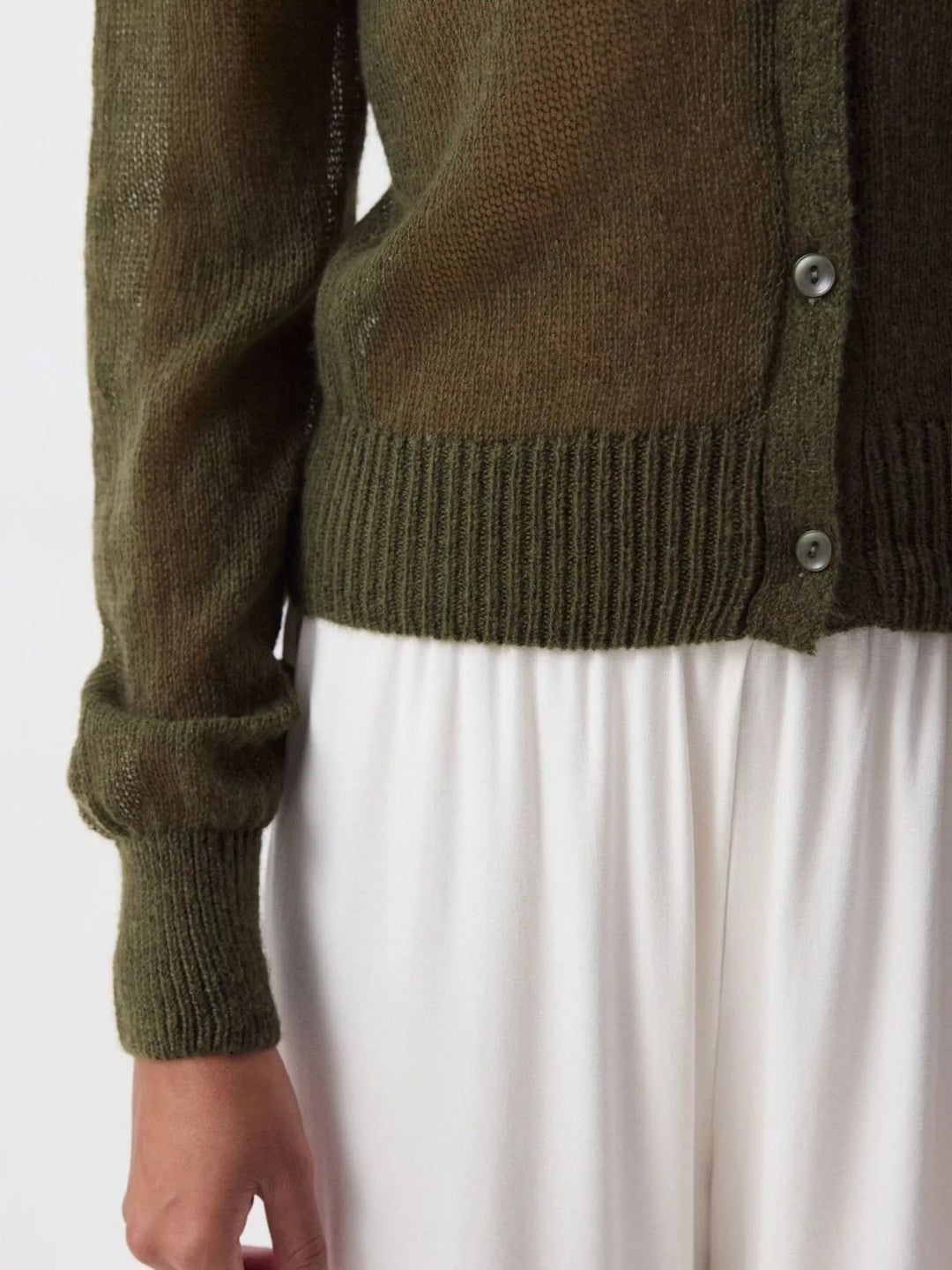 Sheer open-knit button-front cardigan with long sleeves