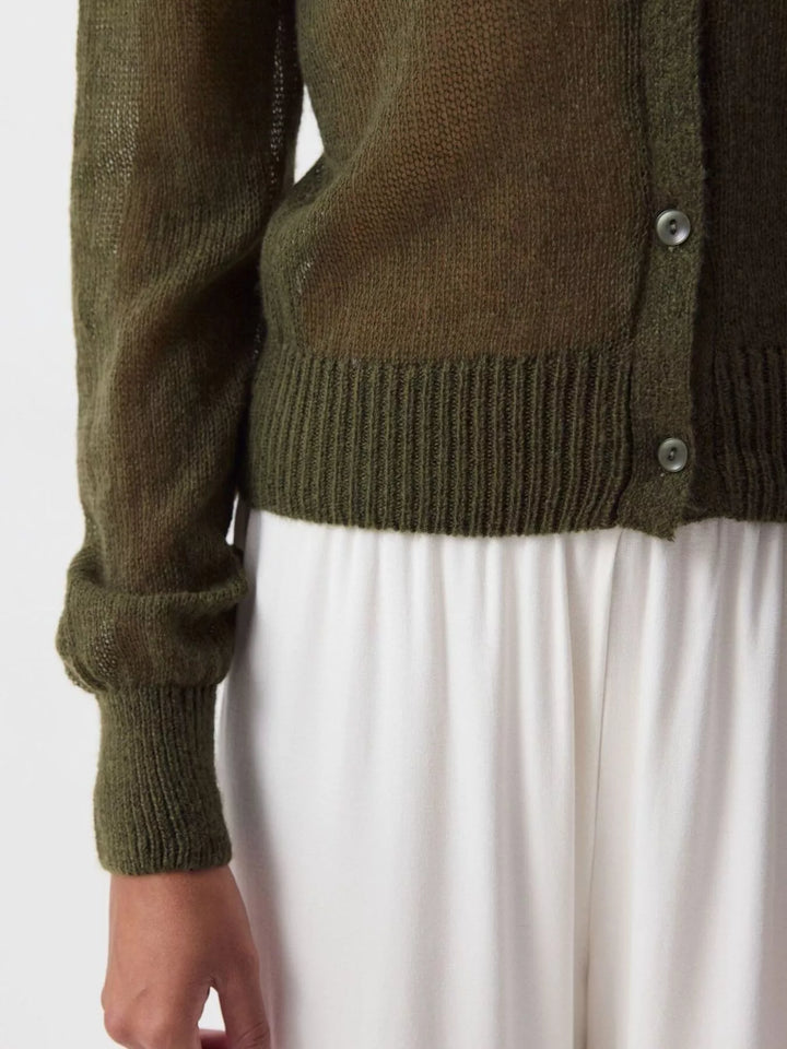 Sheer open-knit button-front cardigan with long sleeves