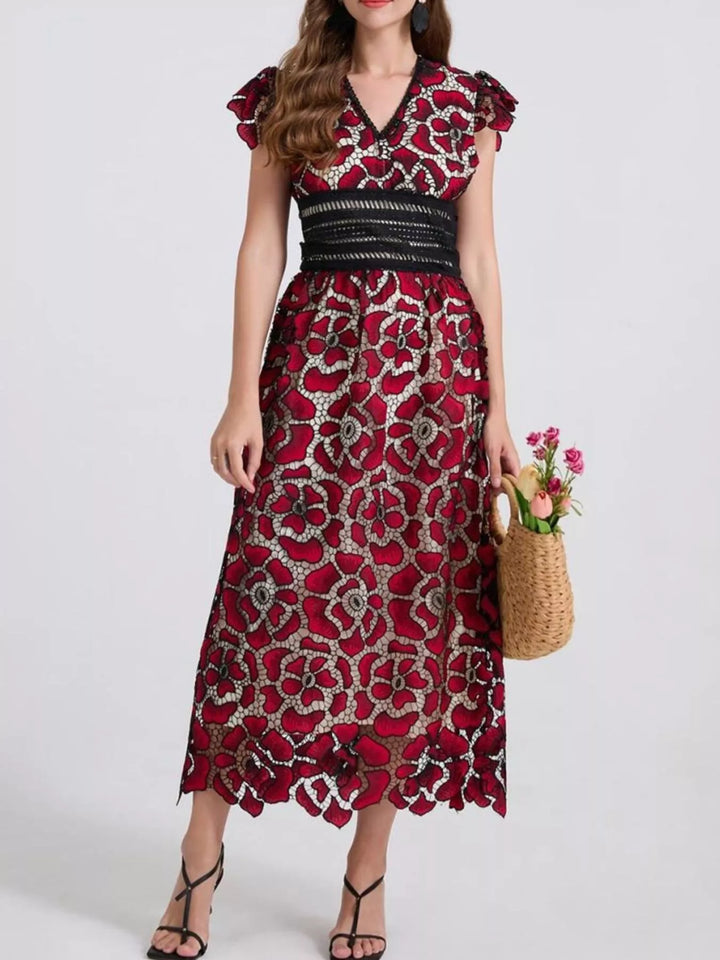 Embroidered floral lace V-neck midi dress with flutter sleeves