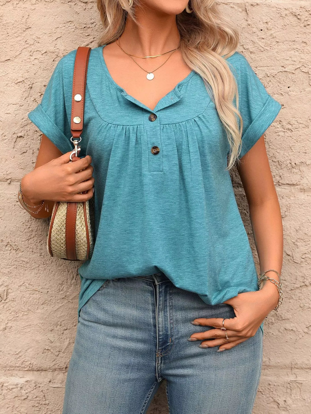 Teal Ruched button-placket henley top with cap sleeves