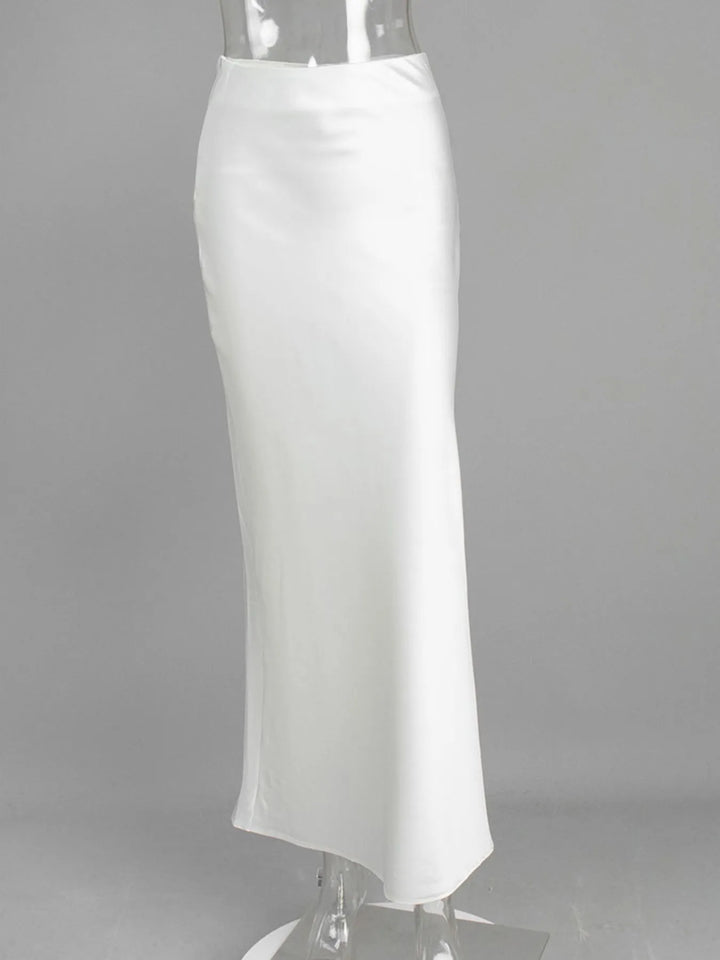 Fitted high-waist satin maxi skirt with flared hem