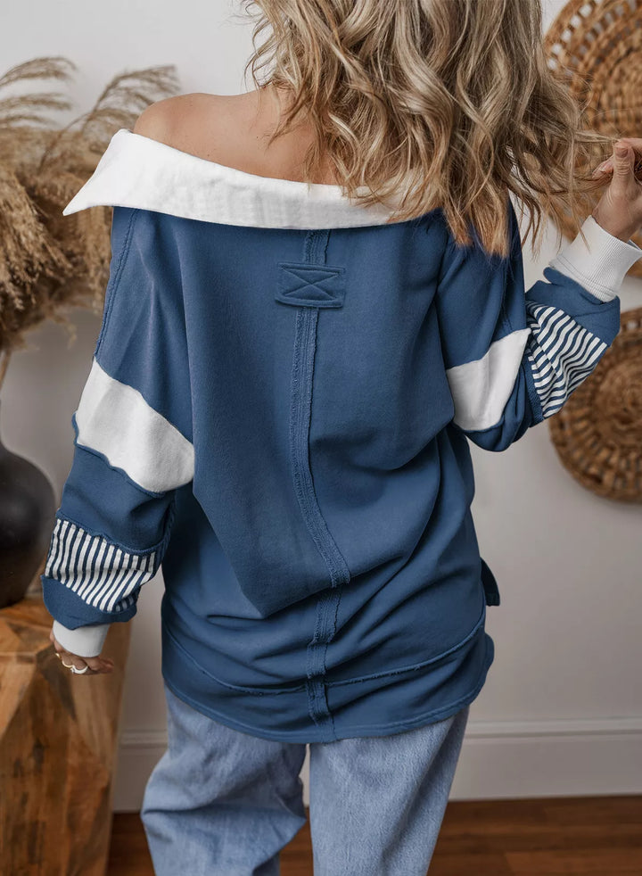 Color block striped Johnny collar sweatshirt with exposed seams