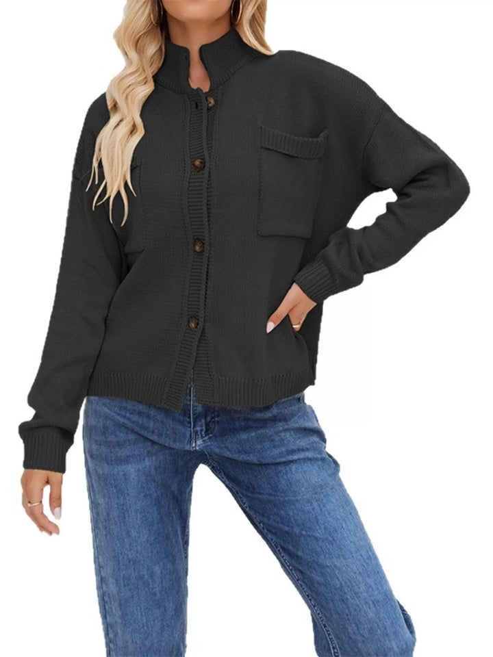 Dropped shoulder button-up knit cardigan with chest pocket