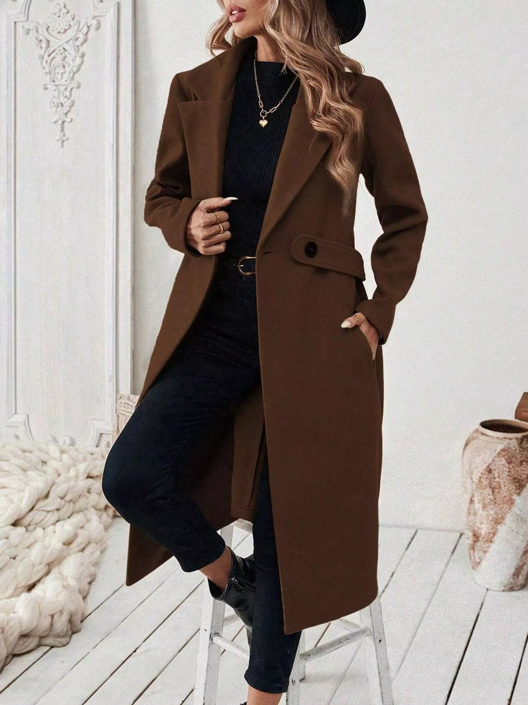 Brown Longline notch lapel coat with single-button waist tab