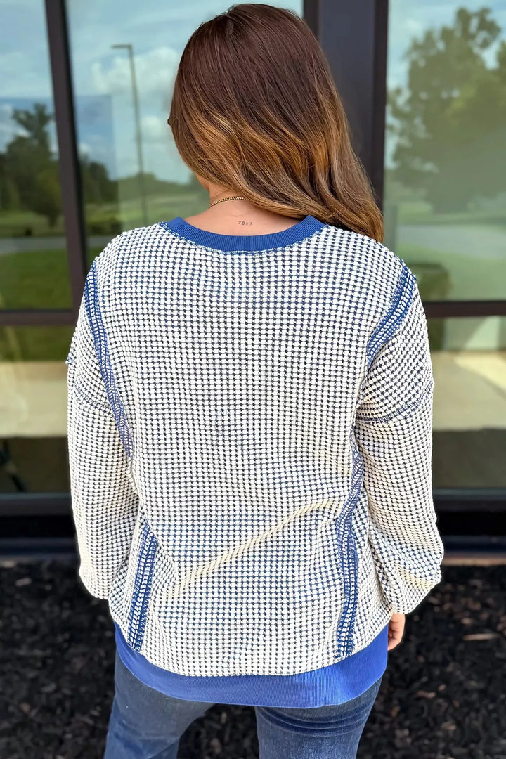 Contrast stitch textured knit sweatshirt with side slits