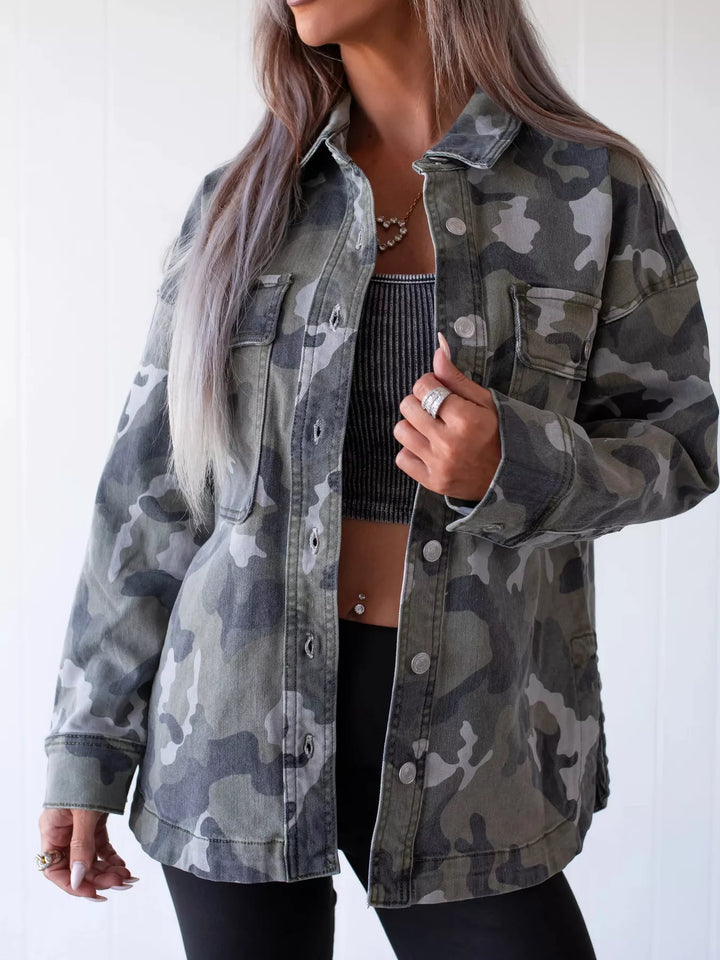 Camo print oversized button-up denim shacket