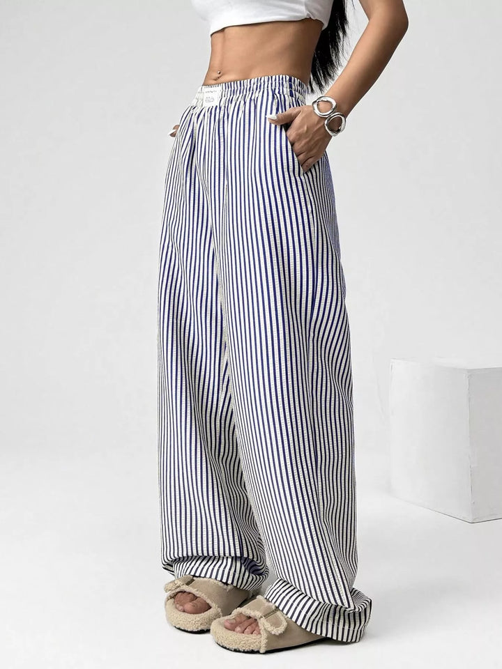 Striped high-waist wide-leg pants with drawstring