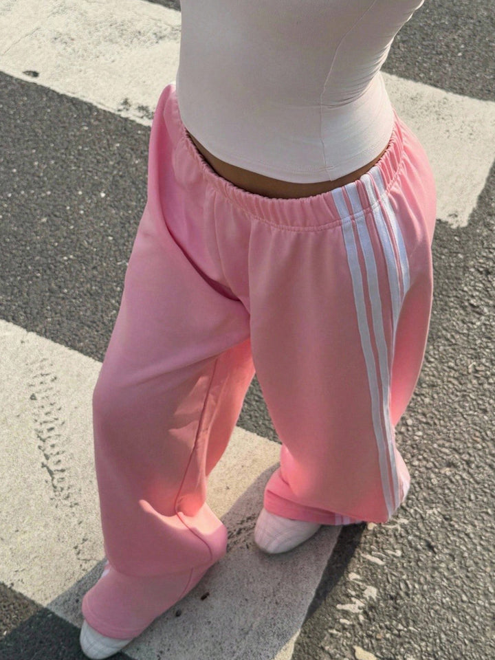 Striped wide leg track pants with elastic waist