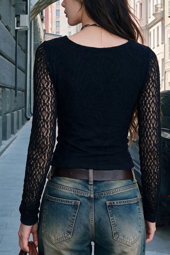 Twist-front lace cutout long sleeve crop top