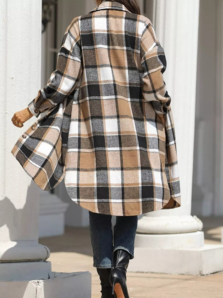 Longline plaid button-up coat with chest pockets